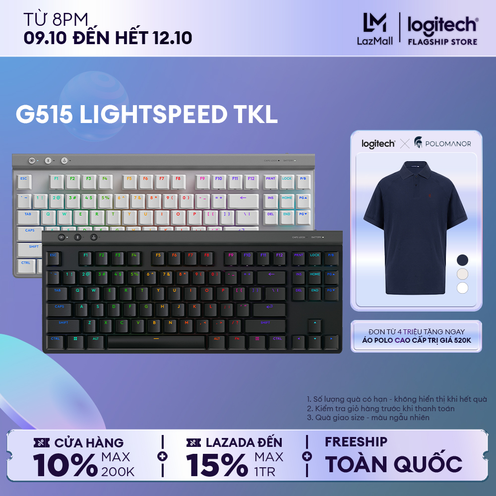 Bàn phím Gaming không dây Low profile Logitech G515 LIGHTSPEED TKL - GHTSYNC RGB, Thiết kế Tenkeyless mỏng, Keycaps PBT
