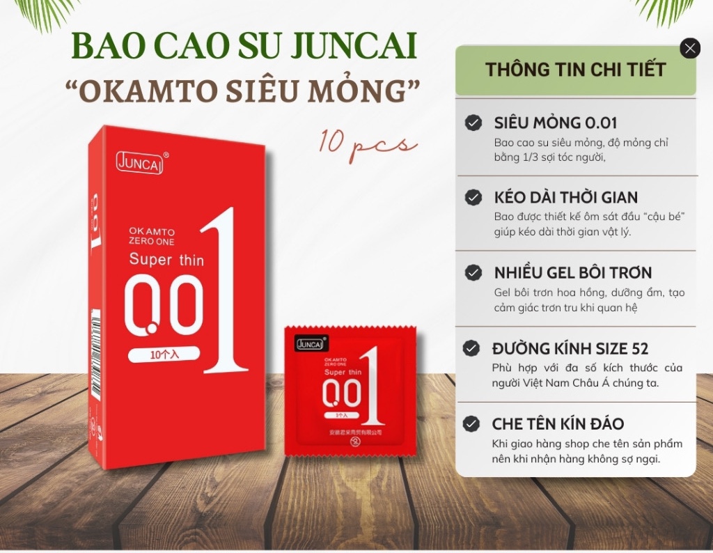 [Che tên] Bao cao su JUNCAI 001 Okamto Superthin Siêu mỏng, Gai li ti, Siêu trơn mượt, Công nghệ Nhật Bản - hộp 10 bao