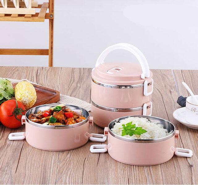 [HCM]Hộp Cơm Giữ Nhiệt Inox 304 2 Tầng Tròn 2 Lớp Chống Gỉ Và Tràn Đổ