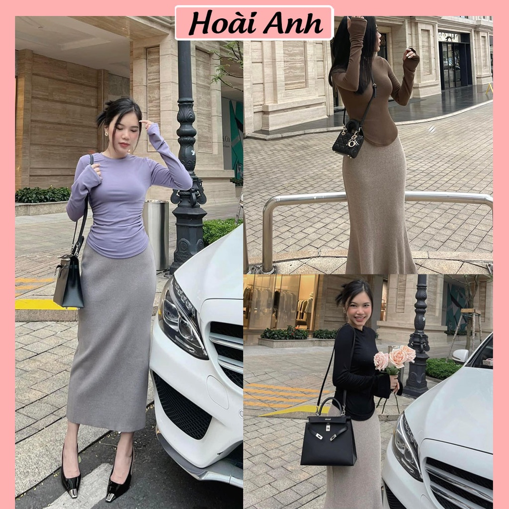 Set váy nữ áo thun nữ dài tay mix chân váy dáng dài cạp chun freesize
