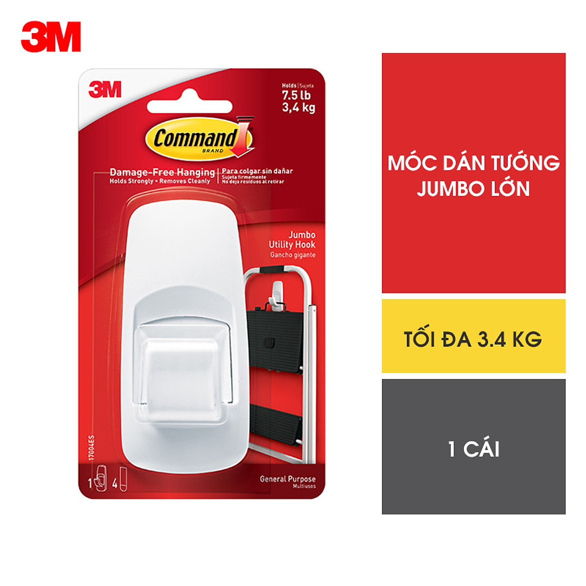 3m móc dán tường kiểu vuông command 17004, 3.4 kg