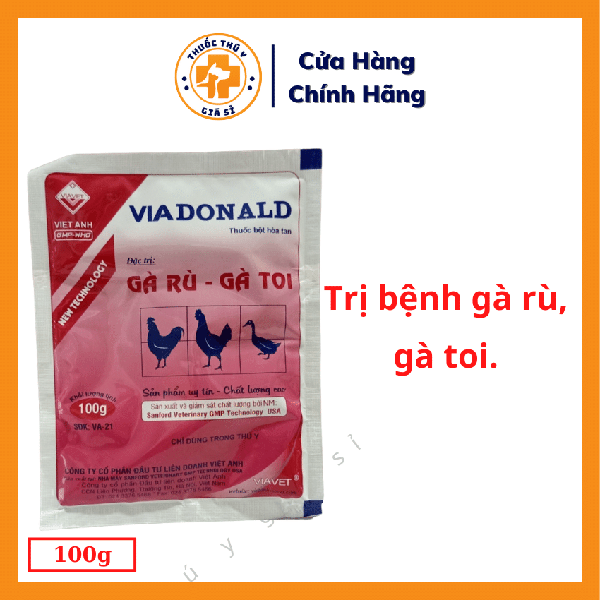 "Hoàn tiền đến 10%" Via Donald Gà Rù Gà Toi 100g - Dùng Cho Gà Rù Gà Toi, Trị Xù Lông, Sã Cánh, Mào Thâm, Chướng Diều, Khô Chân, Ăn Không Tiêu - Thú Y Giá Sỉ