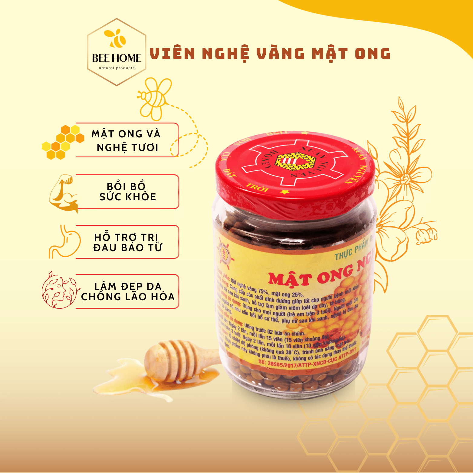 Mật ong nghệ viên vàng Xuân Nguyên lọ thủy tinh 100g hỗ trợ trị đau dạ dày
