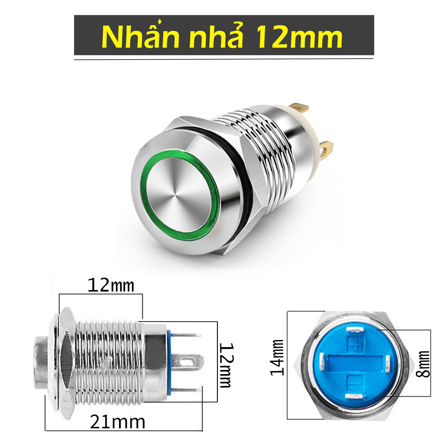 Nút nhấn nhả, nhấn đề inox 12mm có đèn led, chống thấm nước tuyệt đối