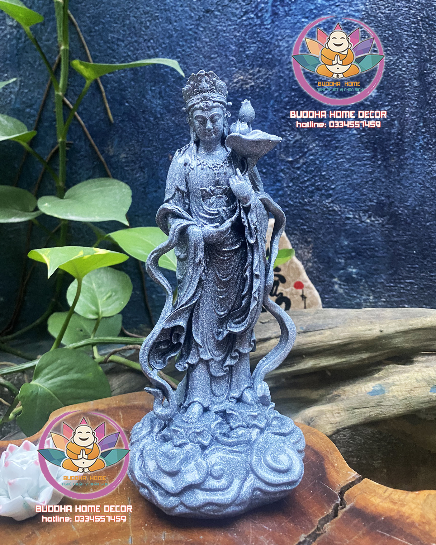 Tôn tượng đại thế chí bồ tát đá xám chấm cao 23cm