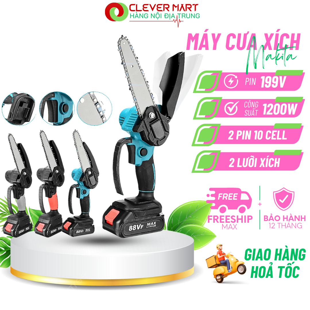 Máy Cưa Xích Cầm Tay MIKITA, Máy Cưa Gỗ Mini MIKITA Dùng Pin 199V Pin 10 Cell Cắt Gỗ Tỉa Cành Cực Bé