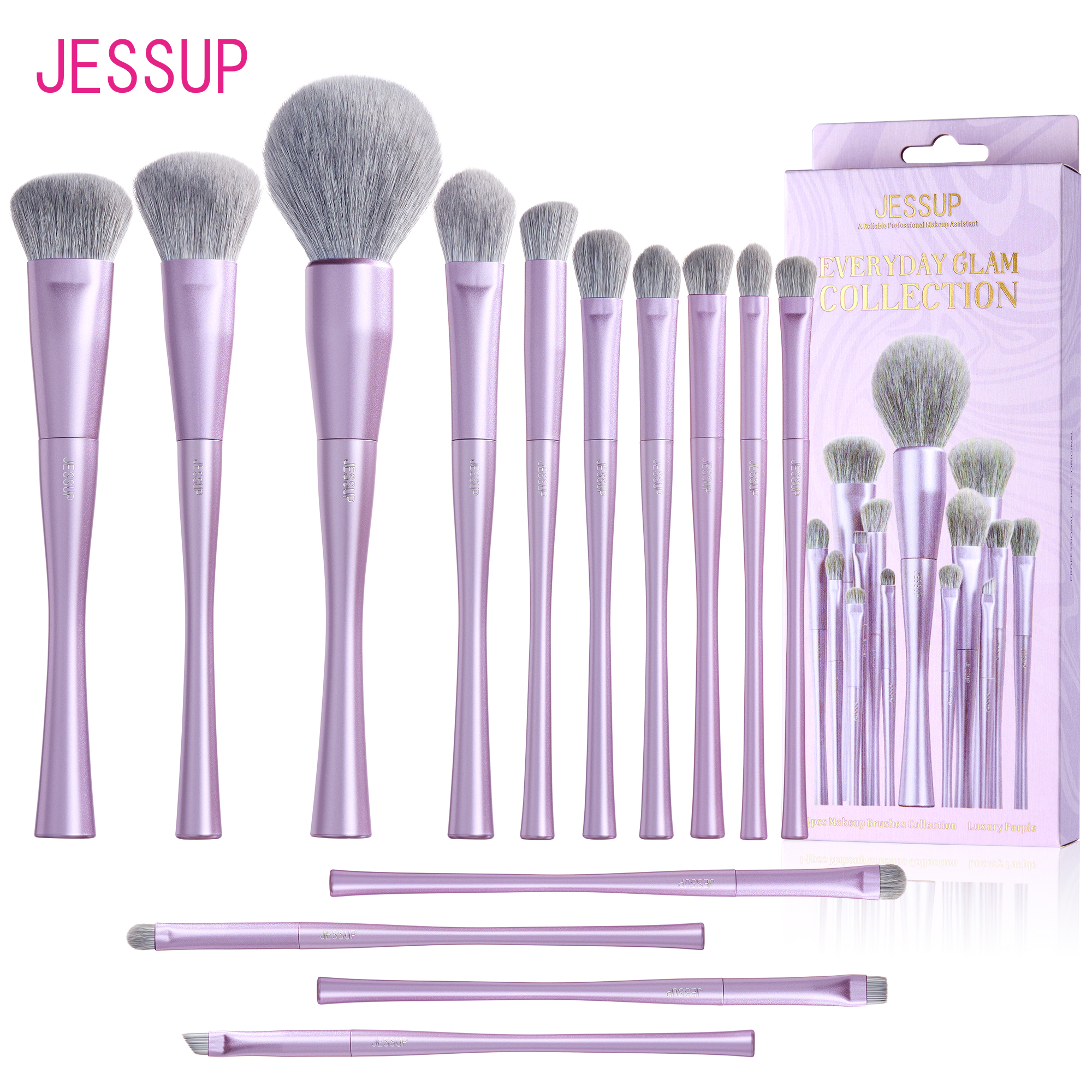 Bộ cọ trang điểm Jessup Chuyên nghiệp 14 chiếc Cọ trang điểm thuần chay, Kem nền che khuyết điểm Đường viền Bột má hồng Blending Cọ kẻ mắt, Sợi tổng hợp cao cấp, Màu tím sang trọng T512