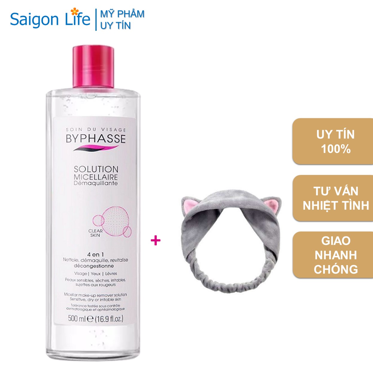 Nước Tẩy Trang Byphasse Micellar Make-up Remover Solution 500ml + Tặng 1 băng đô rửa mặt tai mèo (màu ngẫu nhiên)