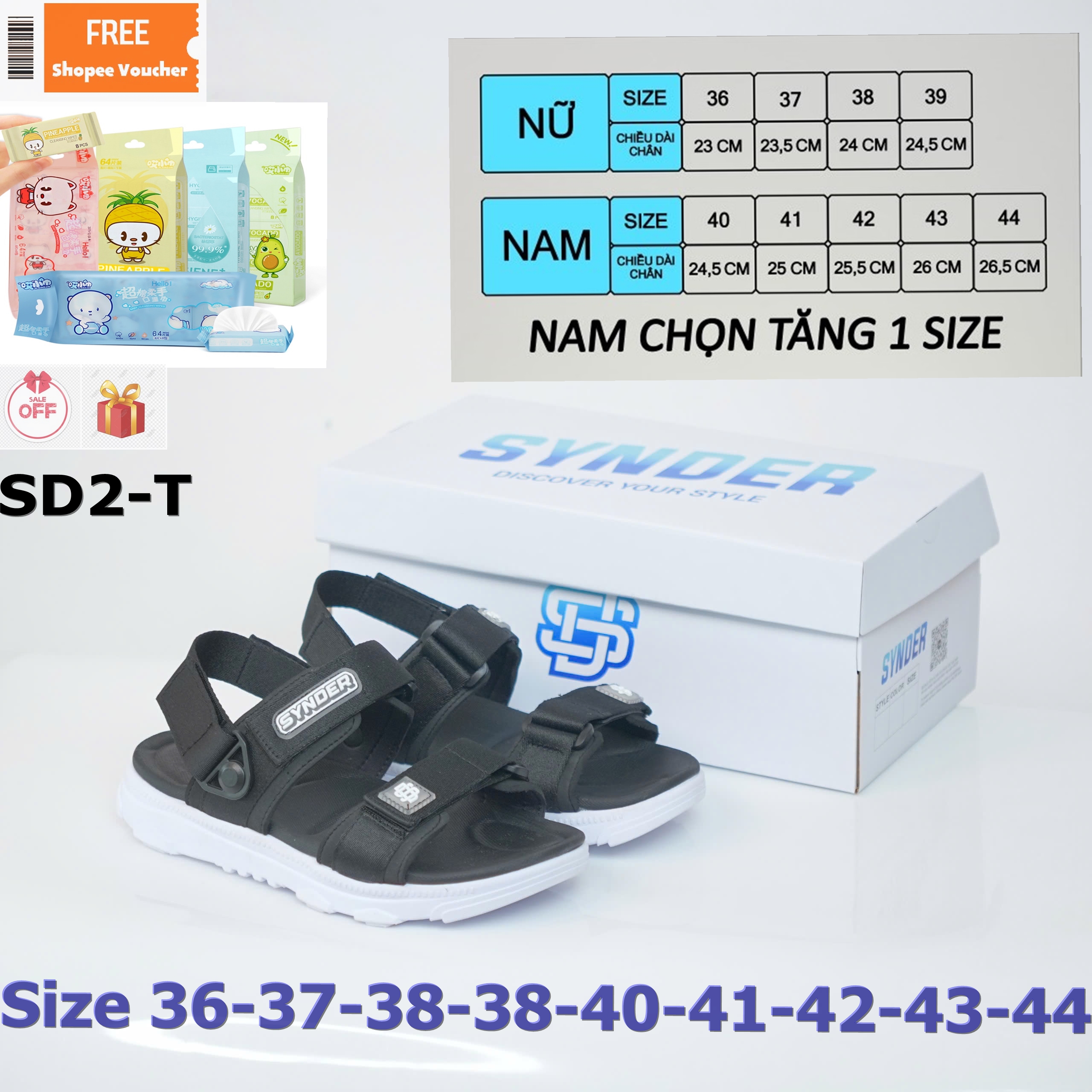 Giày sandal quai hậu SYNDER phiên bảng mới nhất SD2-T quai hậu đẩy- màu đen trắng