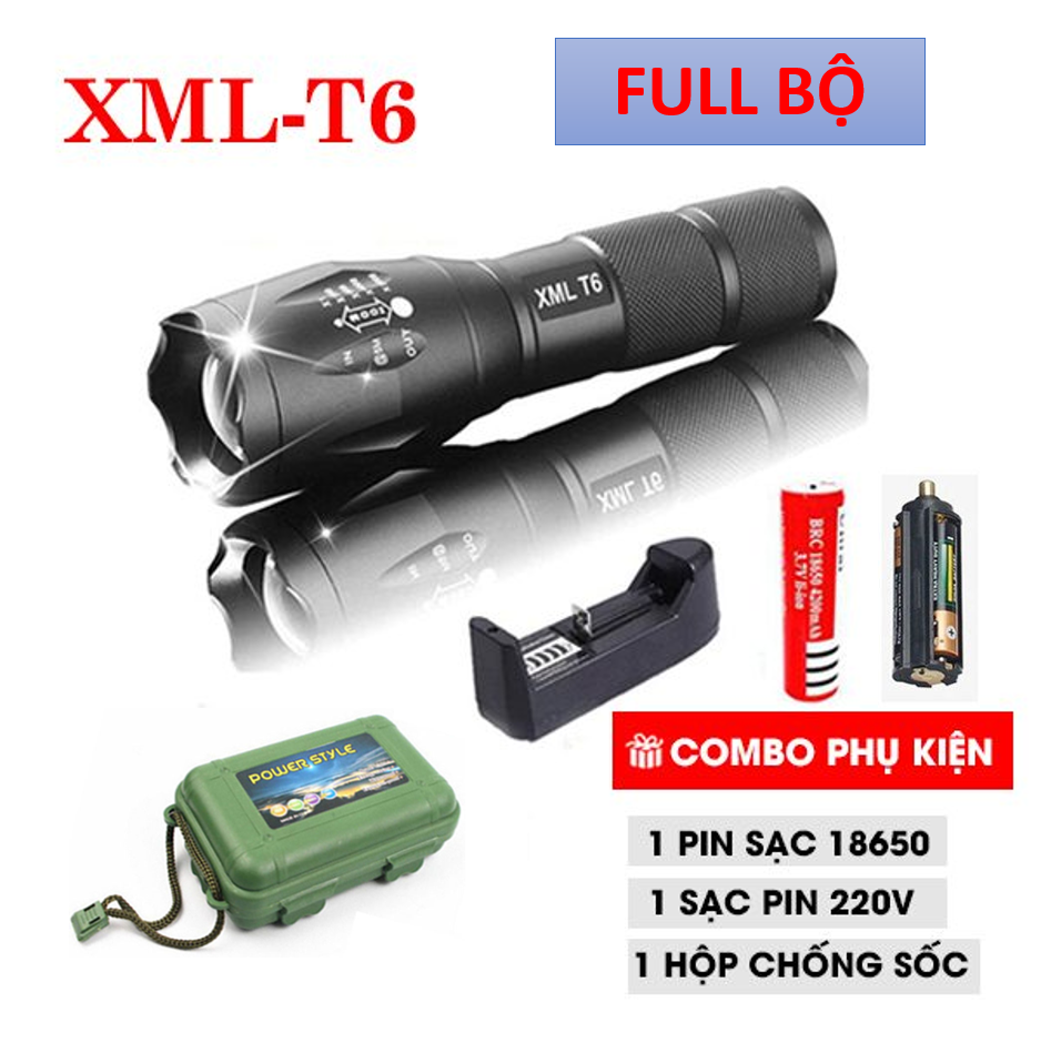 Đèn pin Police AMY XML-T6 MỚI, Đèn pin siêu sáng 5 chế độ chiếu xa trăm mét, Tặng Bộ sạc và pin sạc, Hộp Nhựa Chống Sốc - BH 1 ĐỔI 1