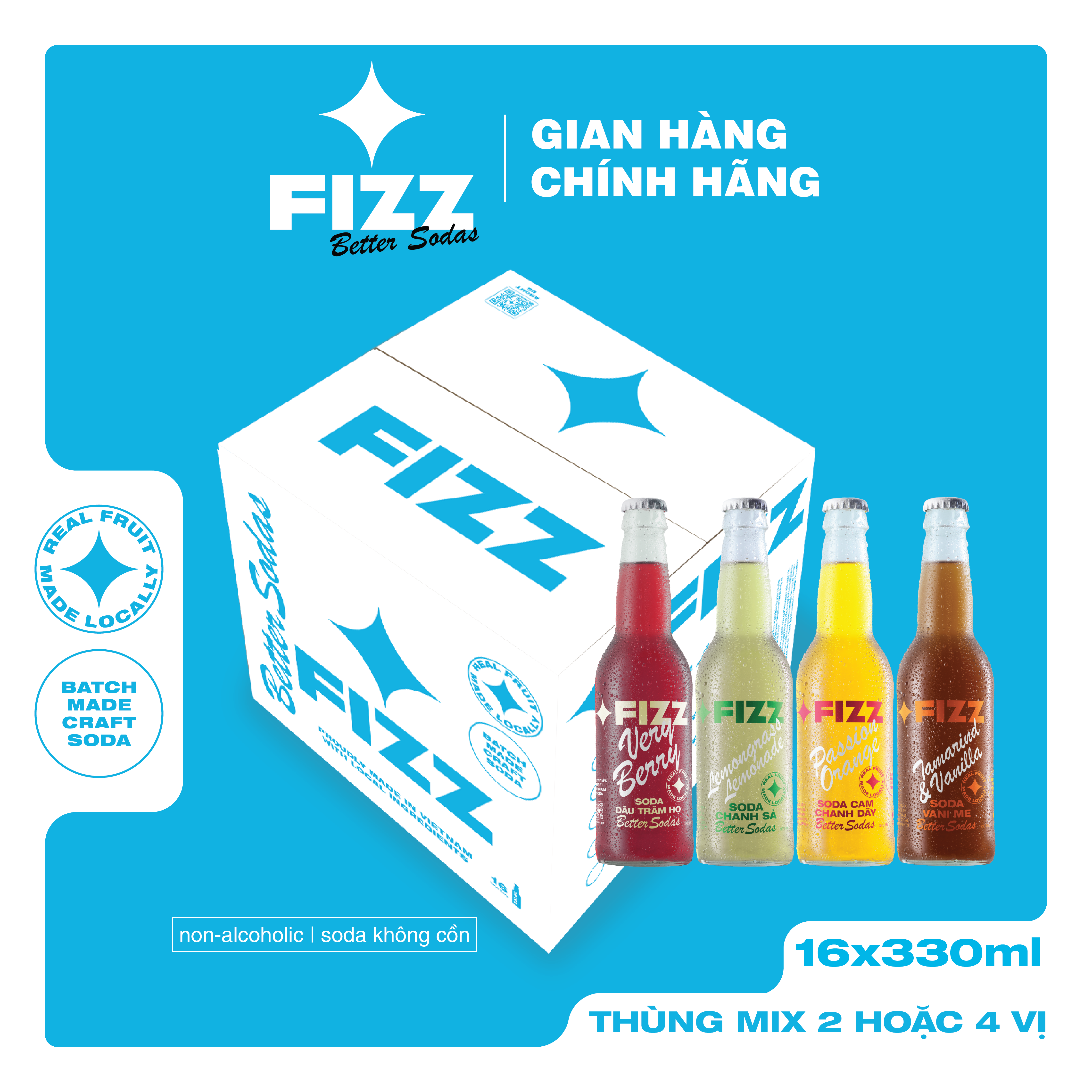Fizz Soda Mix Nhiều Vị - Thùng 16 Chai 330ml