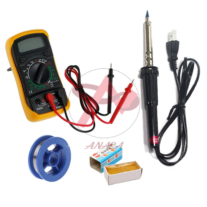 Bộ sản phẩm ngành điện tử (gồm tay hàn 60w solderring iron, đồng hồ số xl830, 2 cuộn thiếc hàn rosochi, 1 nhựa thông hộp)