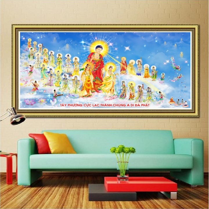 Tranh đính đá Phật - Tây Phương Cực Lạc Thánh Chúng A Di Đà Phật LV206 Kt 136*75cm