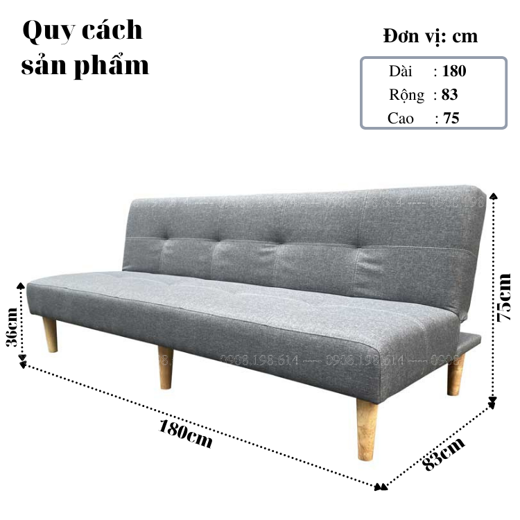 Ghế Sofa Bed đa năng bọc vải bố màu Xám đậm - Ghế bật thành giường 1m8 có 6 chân gỗ cao cấp