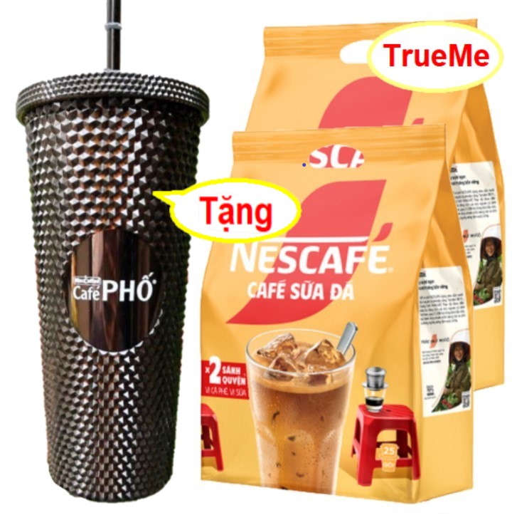 [Tặng ly kim cương] Combo x2 túi Nescafe sữa đá (25gói x 24g/túi) - Ca phe rang xay hoa tan - cafe s