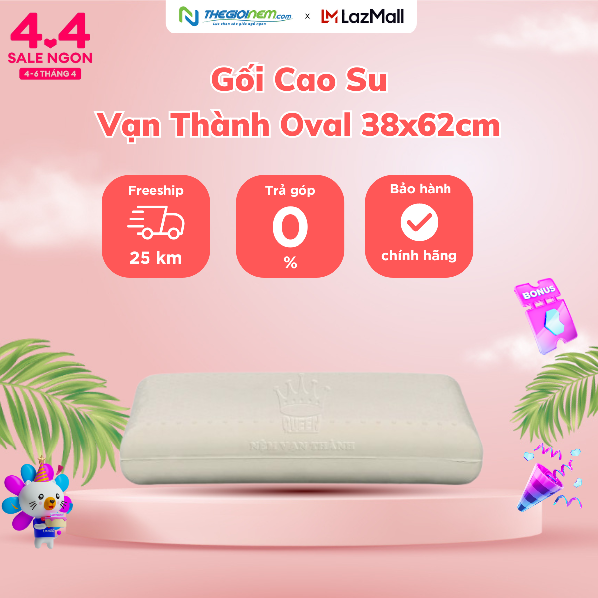Gối cao su thiên nhiên oval vạn thành 38x62x11.8cm