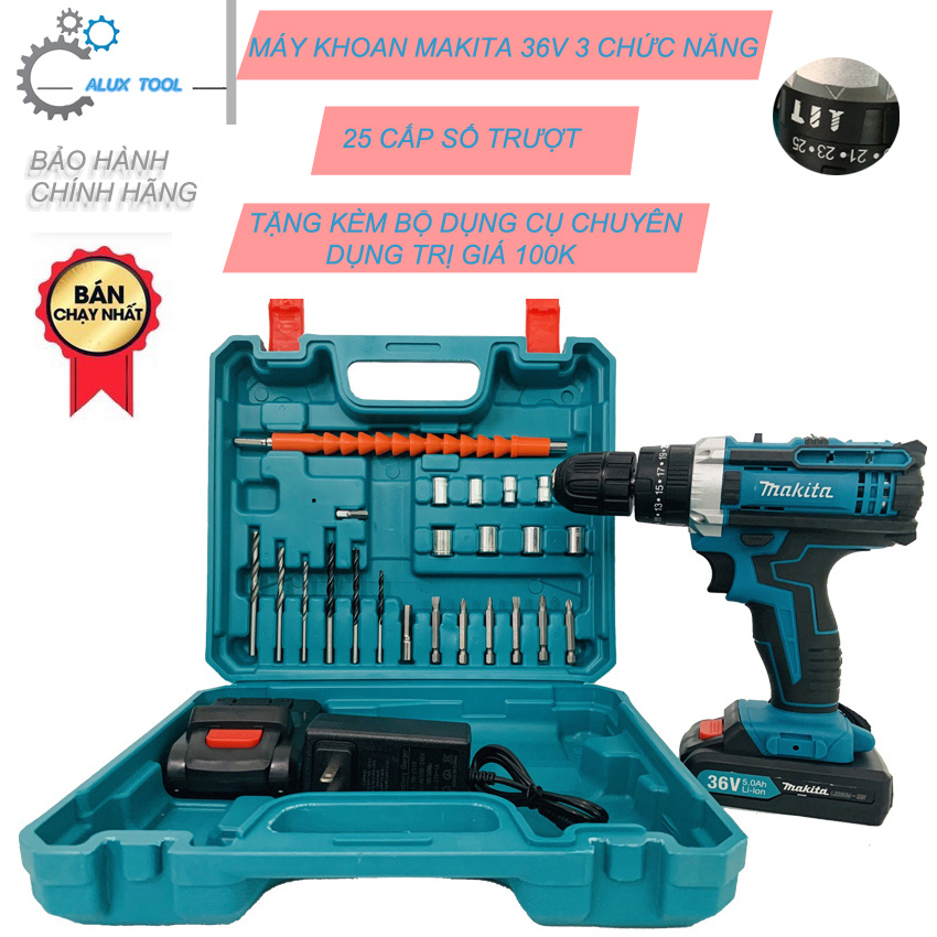 [TẶNG BỘ DỤNG CỤ 24 CHI TIẾT] Máy khoan khoan pin cầm tay Makita 36v 3 chức năng, giá rẻ tặng bộ phụ kiện chuyên dụng