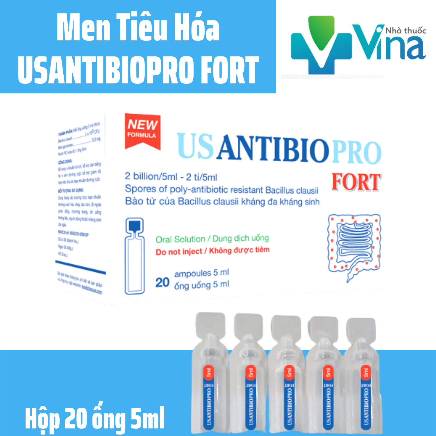 Men tiêu hóa cho trẻ em và người lớn usantibio pro fort- hộp 20 ống, mỗi ống chứa 2 tỷ lợi khuẩn