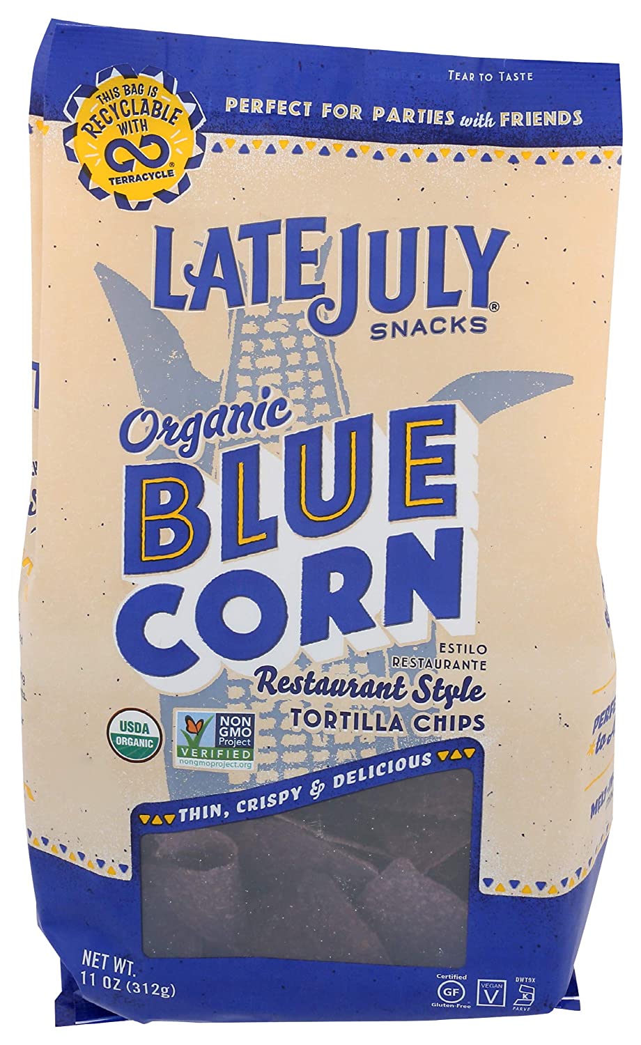 LATE JULY Snacks Restaurant Style Blue Corn Tortilla Chips, 11 oz. Bag