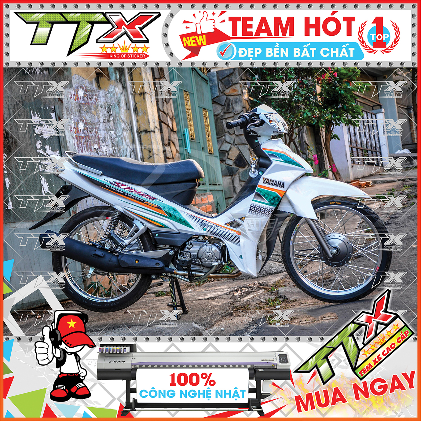 Tem rời sirius chấm bi , Team chế sirius dán xe màu xanh nền trắng siêu đẹp , Shop TTX Tem xe sirius