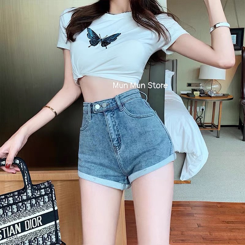 Quần Short Jean Nữ Lưng Cao, Quần Đùi Chất Kaki Jean Co Giãn Mềm Mại, Hình  Chụp Thật Munmunstore 