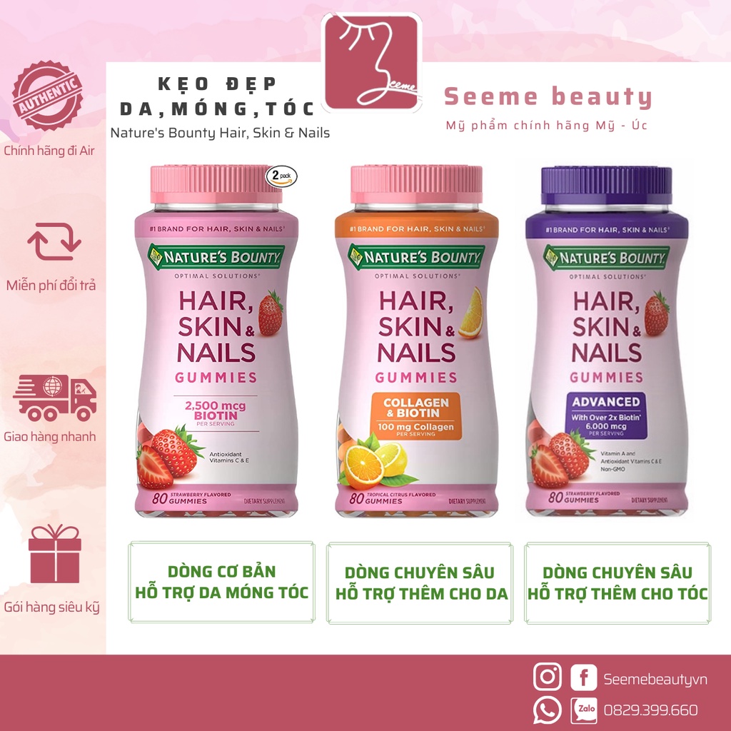 [HOÀN TIỀN 15%] Kẹo Dẻo Mọc Tóc Nature's Bounty Hair Skin Nails Gummies 80 viên, 230 viên có Collagen, Biotin Làm Đẹp Da, Tóc & Móng [SeeMe beauty] VA-004