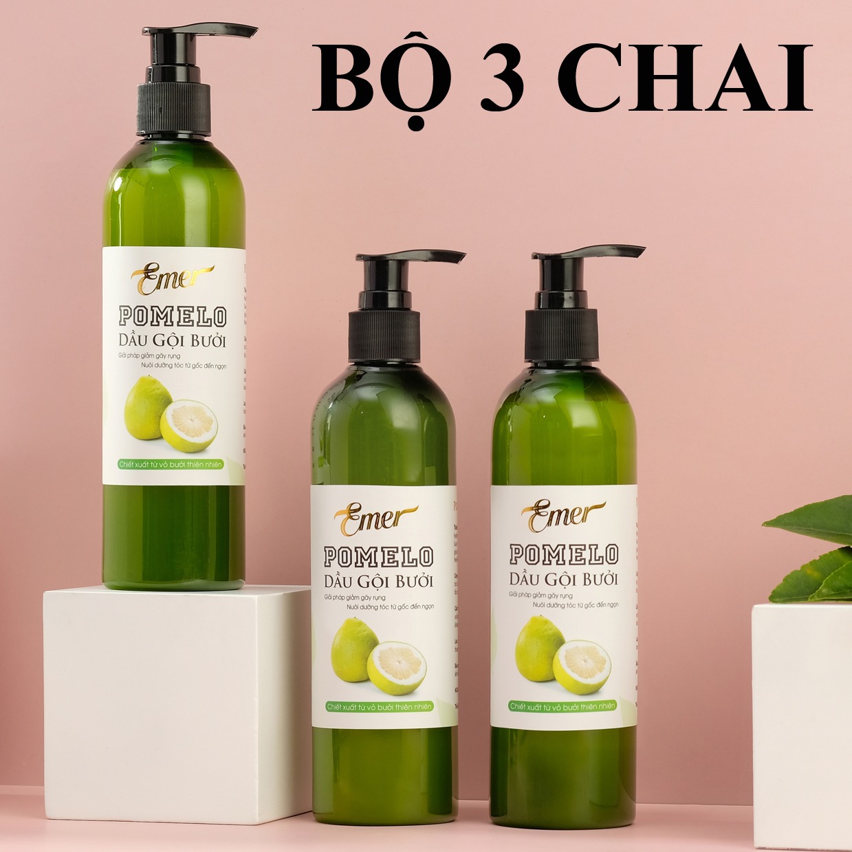 Bộ 3 chai Dầu gội bưởi kích mọc tóc Pomelo Emer (300ml x 3) làm sạch tóc và da đầu giảm rụng tóc hiệu quả cho mái tóc luôn chắc khỏe và suôn mượt tự nhiên Học Viện Quân Y Việt Nam