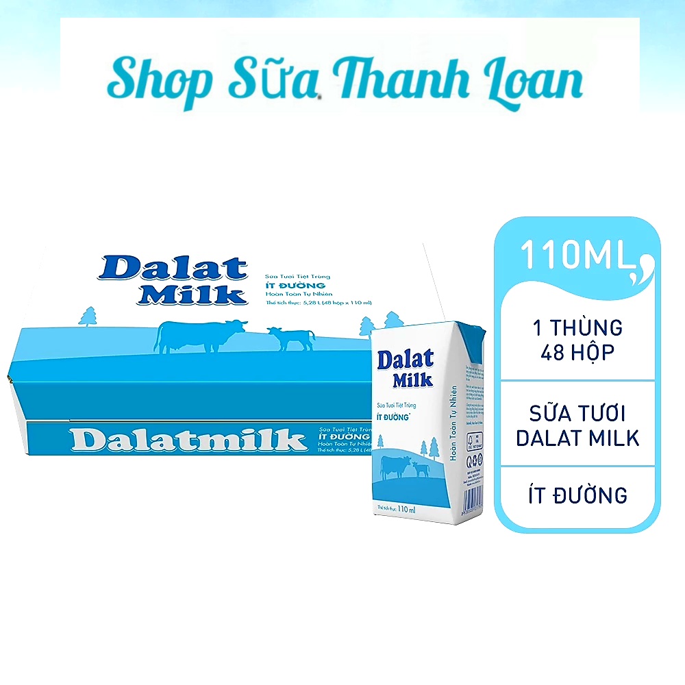   HSD T5-2026  Thùng 48 Hộp Sữa Tươi Tiệt Trùng Ít Đường Dalat Milk 110ml. 