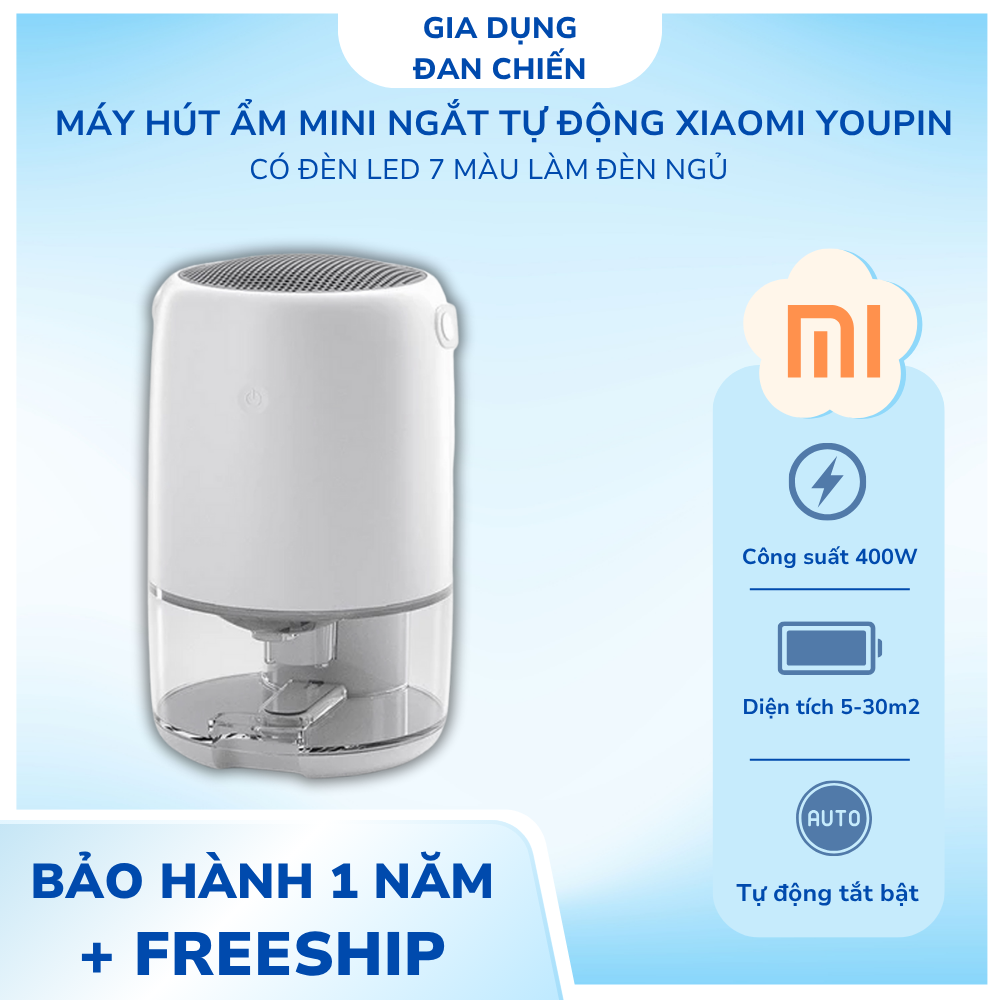 Máy hút ẩm mini ngắt tự động Xiaomi Youpin Máy hút ẩm không khí 1100ml có đèn led 7 màu làm đèn ngủ