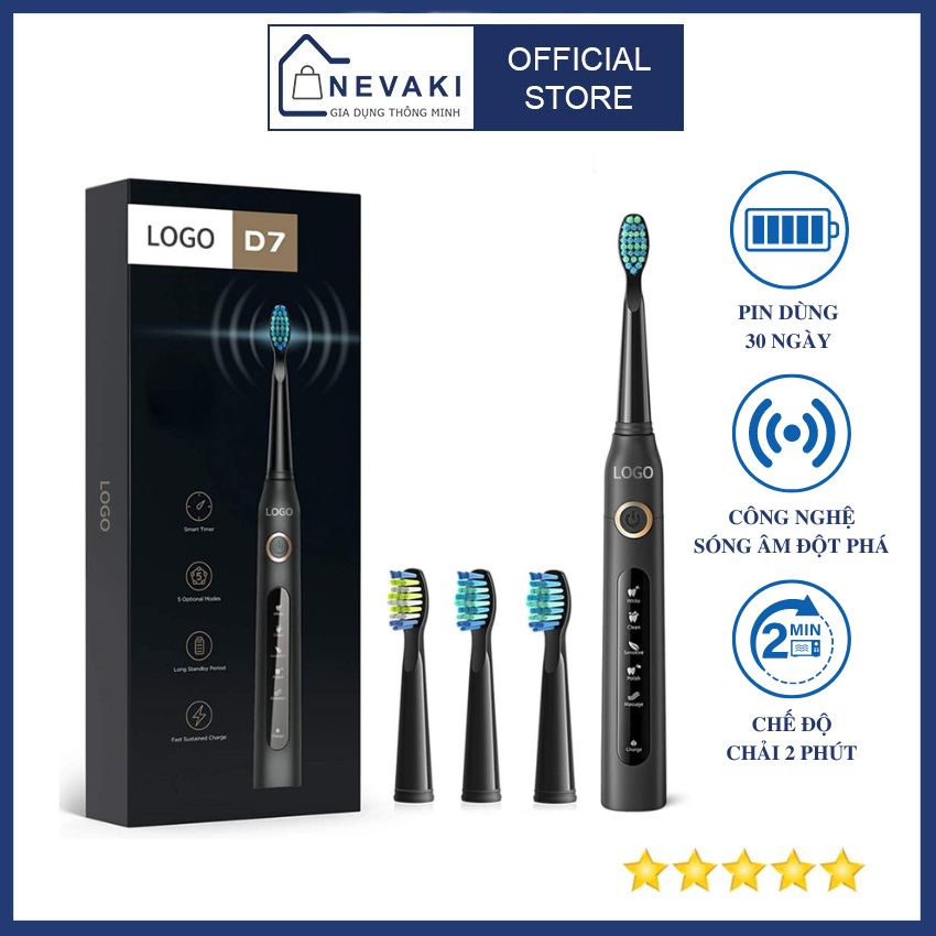 Bàn chải đánh răng điện Fairywill D7+4 đầu bàn chải thay thế+Công nghệ làm sạch bằng sóng siêu âm NK21