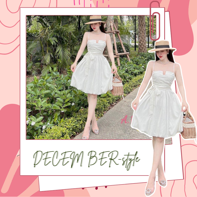 Váy trắng Midi dáng bồng 2 lớp lót lụa cực sang quai dây mảnh December-style, video thật ảnh thật VB1