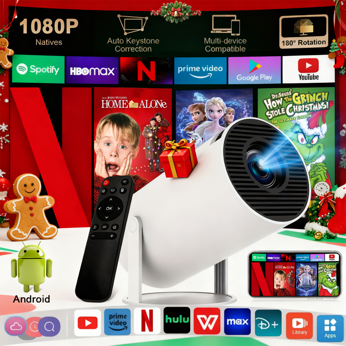 Hy300 Mini Projector Has Wi-Fi 6 and Bluetooth, Native Resolution of 1080P, 180-Degree Rotation ° , Ability to Project onto a 3.3-Meter Screen, Automatic Distortion Correction and Compatibility with Laptops, Desktops, and Smartphones.
