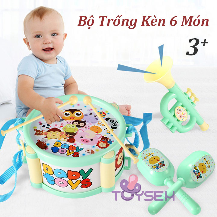 Bộ đồ chơi trống kèn lục lạc cho bé phát triển trí não - Đồ chơi âm nhạc 6 món cầm tay cho trẻ - Quà tặng sinh nhật cho các bé trai, bé gái cute