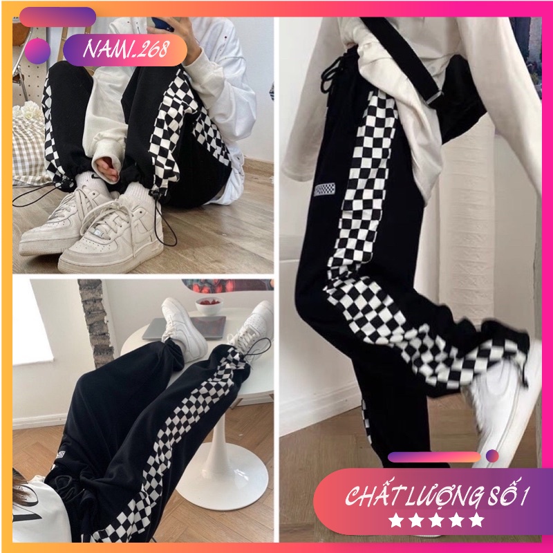 Quần ổng rộng nam nữ unisex quần jogger viền kẻ caro ulzzang dây rút ở gấu