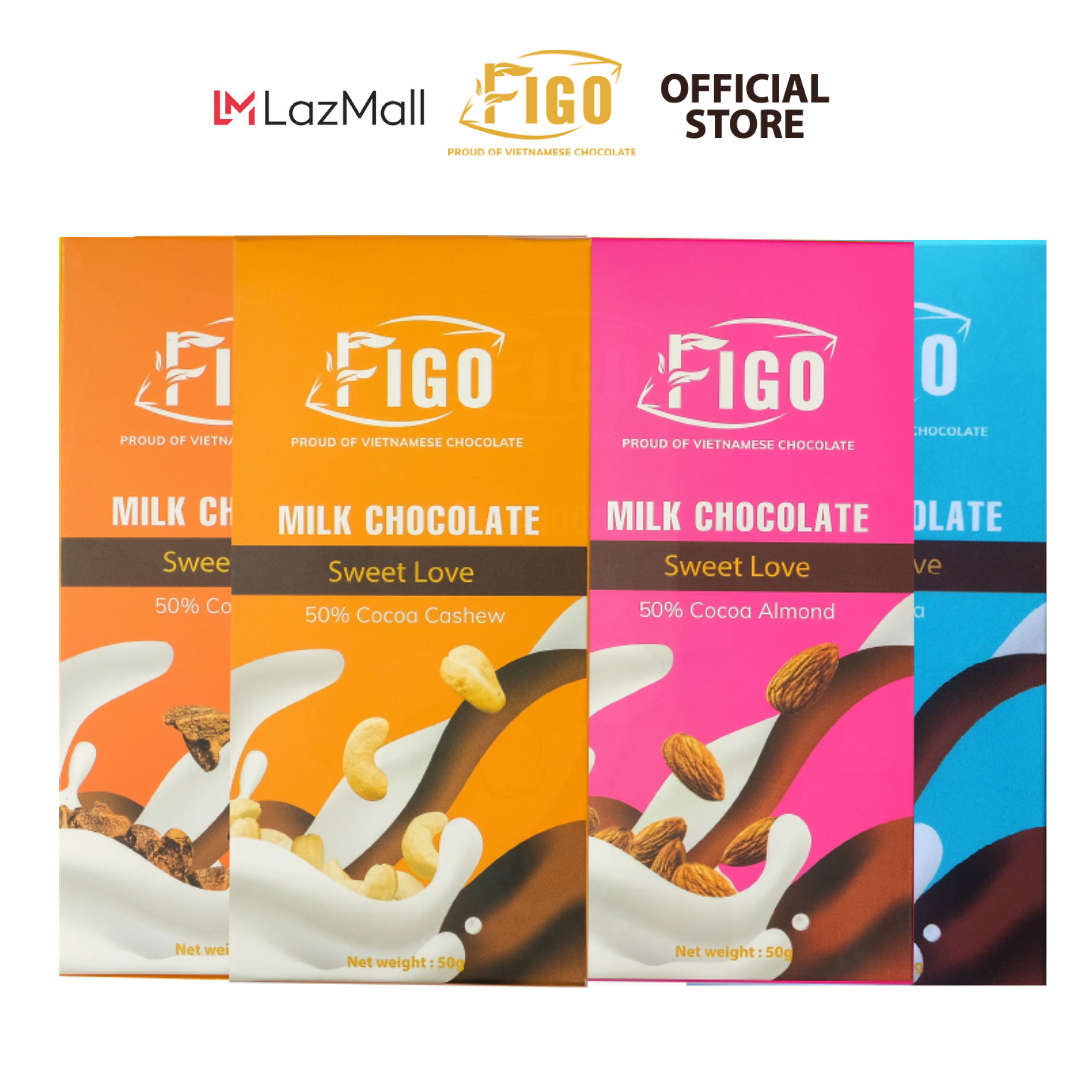 [ĂN LÀ NGHIỆN-COMBO 4 HỘP 50G] Kẹo socola sữa Hạt cacao, Hạnh nhân, Hạt điều, không nhân 50g FIGO, đồ ăn vặt văn phòng siêu ngon