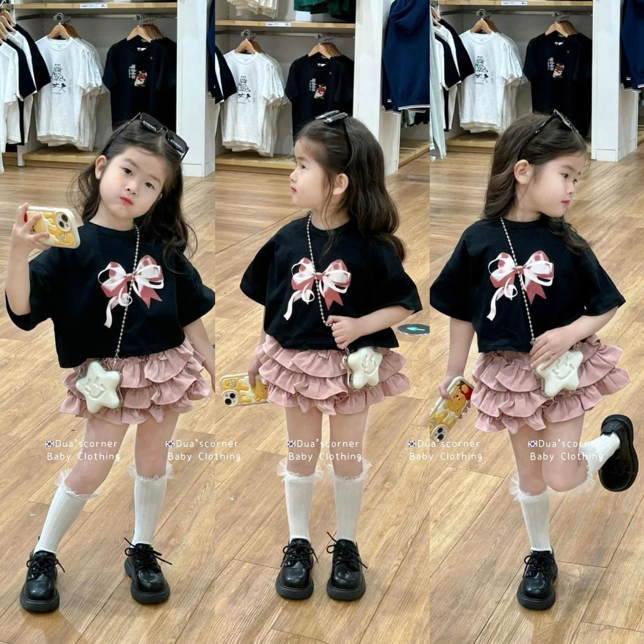 Set chân váy tầng bồng bềnh phối áo thun cotton bé gái siêu xinh