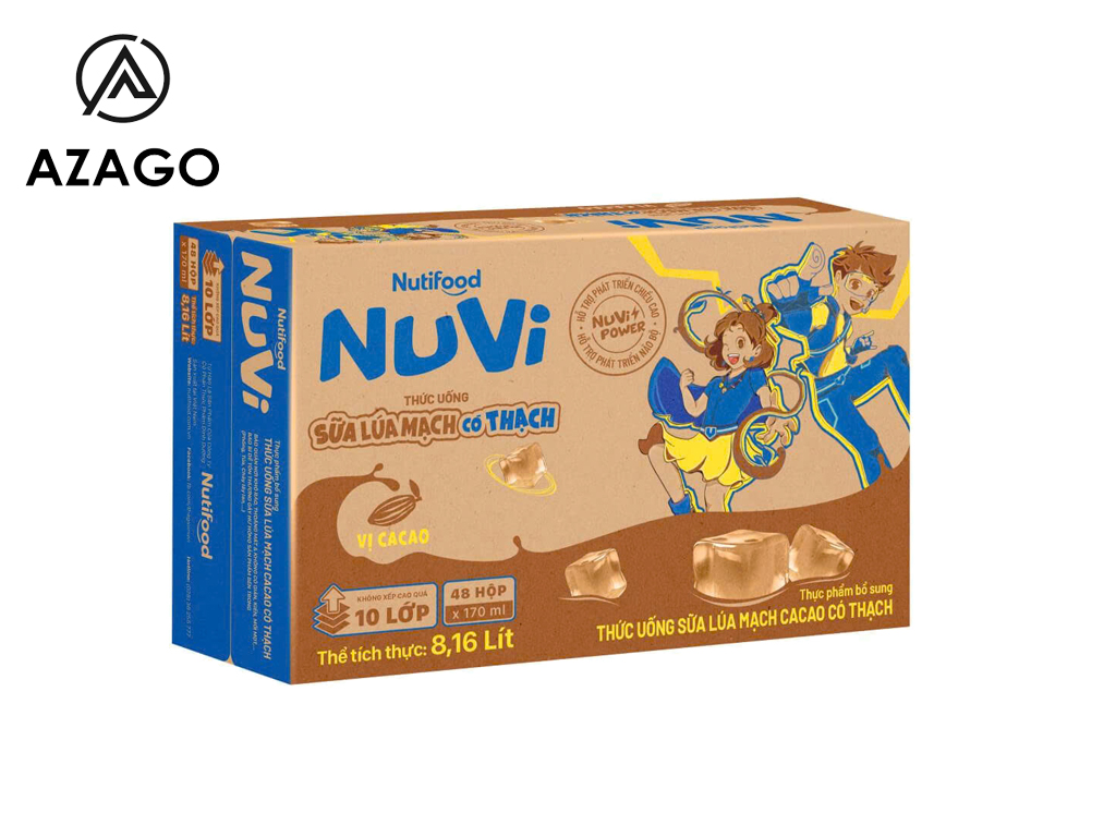 Thùng 48 hộp NuVi Thức uống Sữa Lúa Mạch Cacao có thạch 170ml - Thương Hiệu NUTIFOOD
