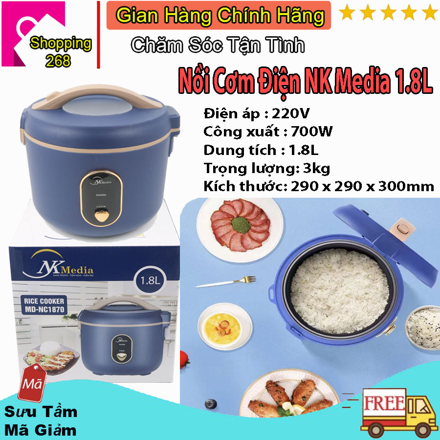 Nồi Cơm Điện Mini NK-Media dung tích 1 lít 8, Nồi cơm điện đa năng cao cấp, công suất 700W, nồi cơm điện tử thông minh, nồi cơm điện mini giá rẻ hơn nồi cơm điện cuckoo, nồi cơm điện cao tần, nồi cơm điện