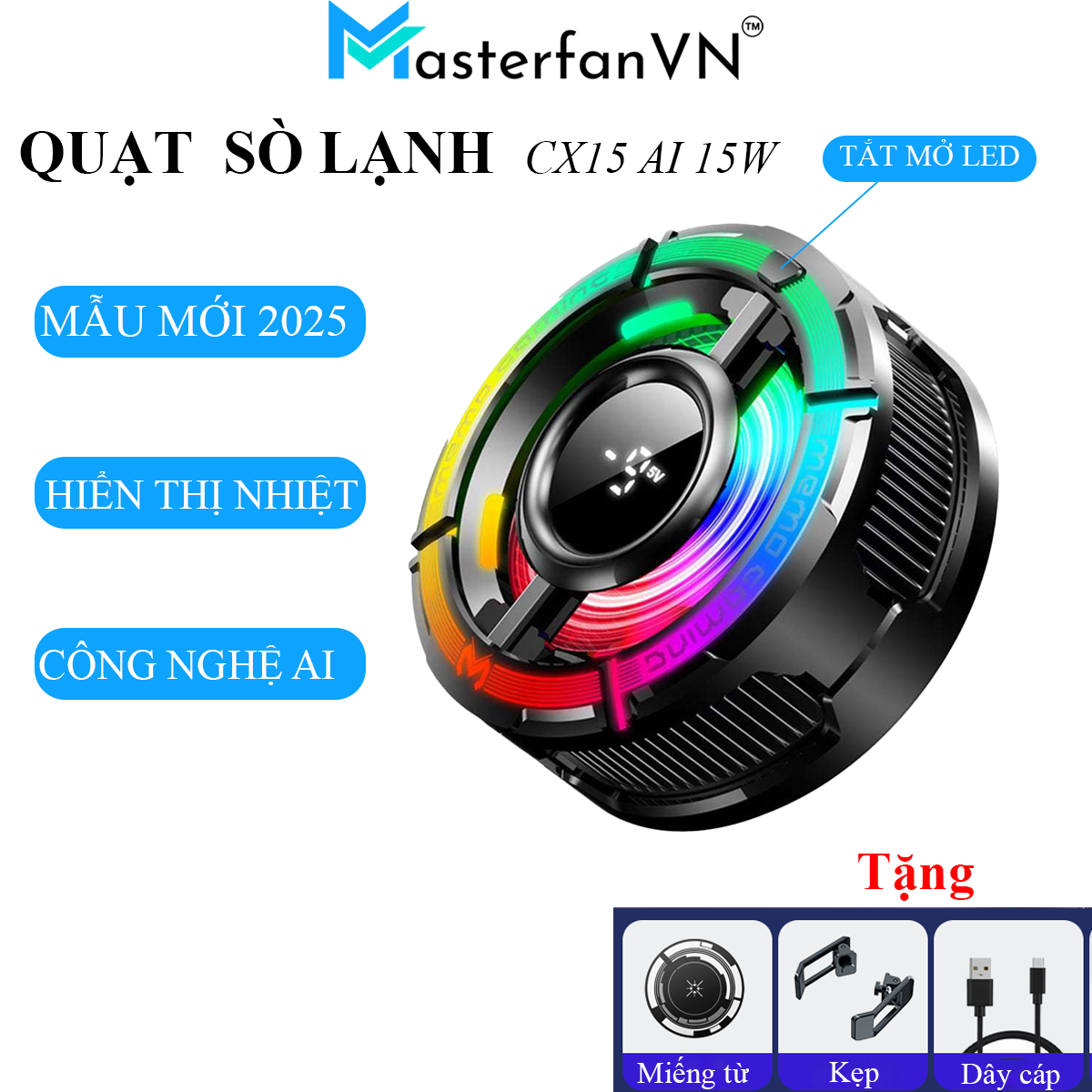 Quạt tản nhiệt điện thoại sò lạnh từ tính Memo CX15 Pro AI RGB Gaming thế hệ mới đóng băng bề mặt