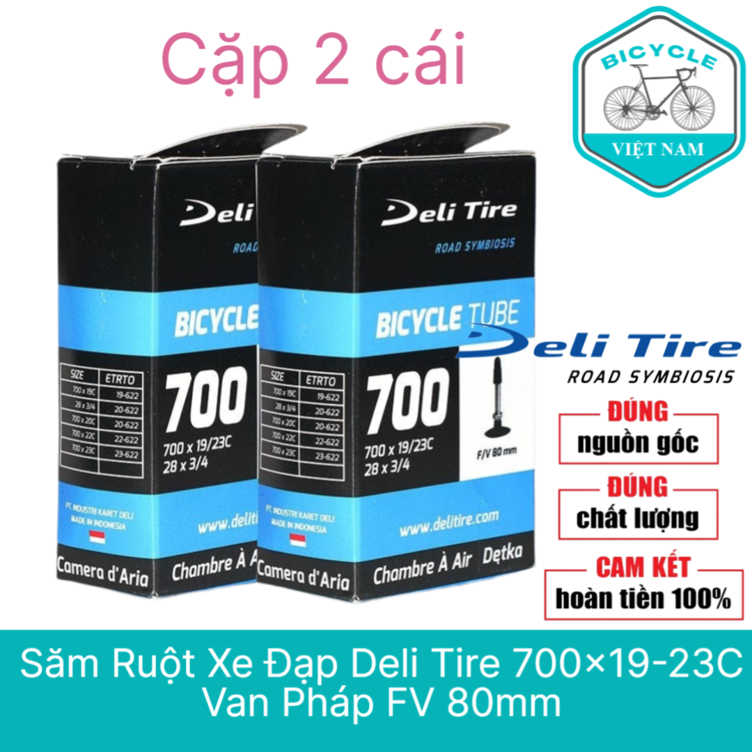 Cặp 2 cái săm ruột xe đạp deli tire 700x19-23c 80mm van pháp - van hạt gạo
