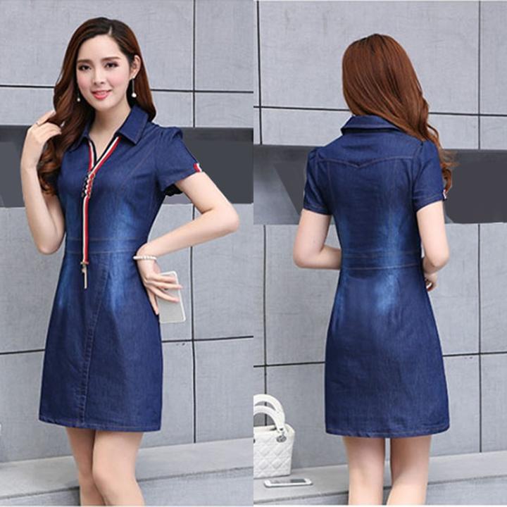 Đầm jean nữ phối sọc cổ sơ mi thời trang