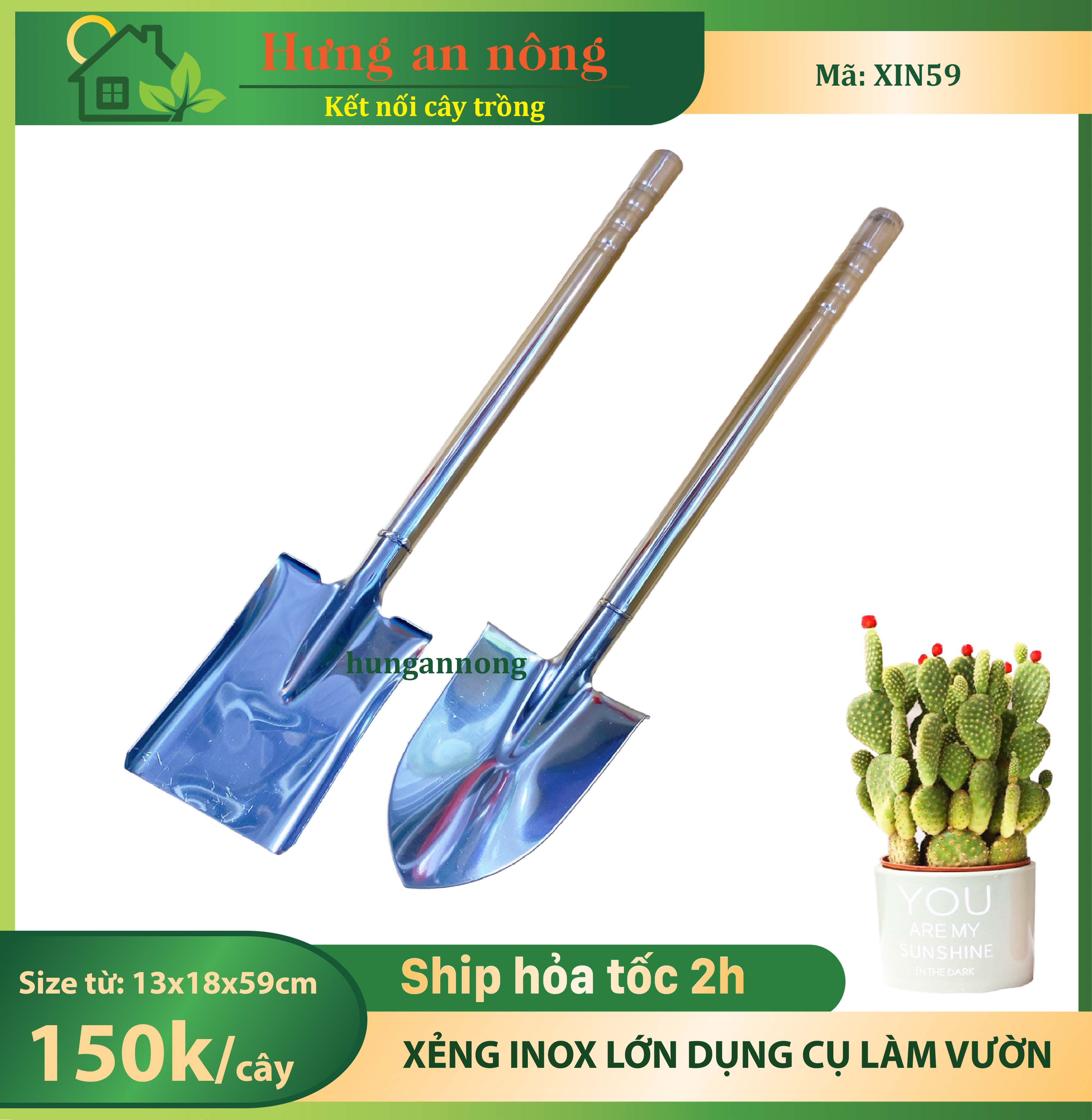 XIN59 - xẻng inox lớn dầy bền dụng cụ làm vườn size dài 59cm