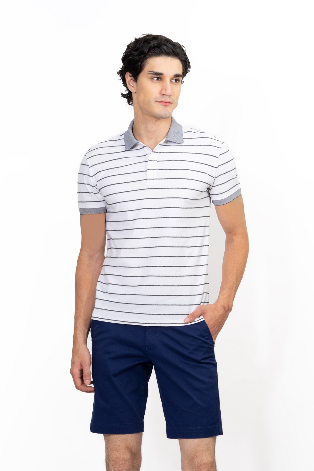 Áo polo nam novelty kẻ sọc ngang màu trắng ghi natmslmcsr191229n