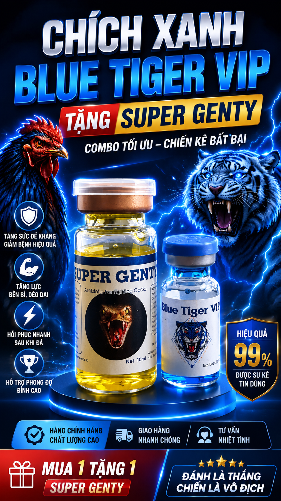 Blue Tiger VIP & Super Genty - Thảo dược Tăng Lực Trước Khi Thi Đấu Cho Gà Chai 1cc Cải Thiện Tốc Độ Sức Bất Chống Sặc Ối Bền Bo Tối Phút 90