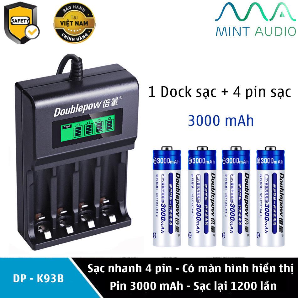 Combo Bộ sạc pin đa năng thông minh (sạc nhanh pin AA, AAA) Doublepow DP-K93B và 4 Viên pin sạc Doublepow 3000 mAh