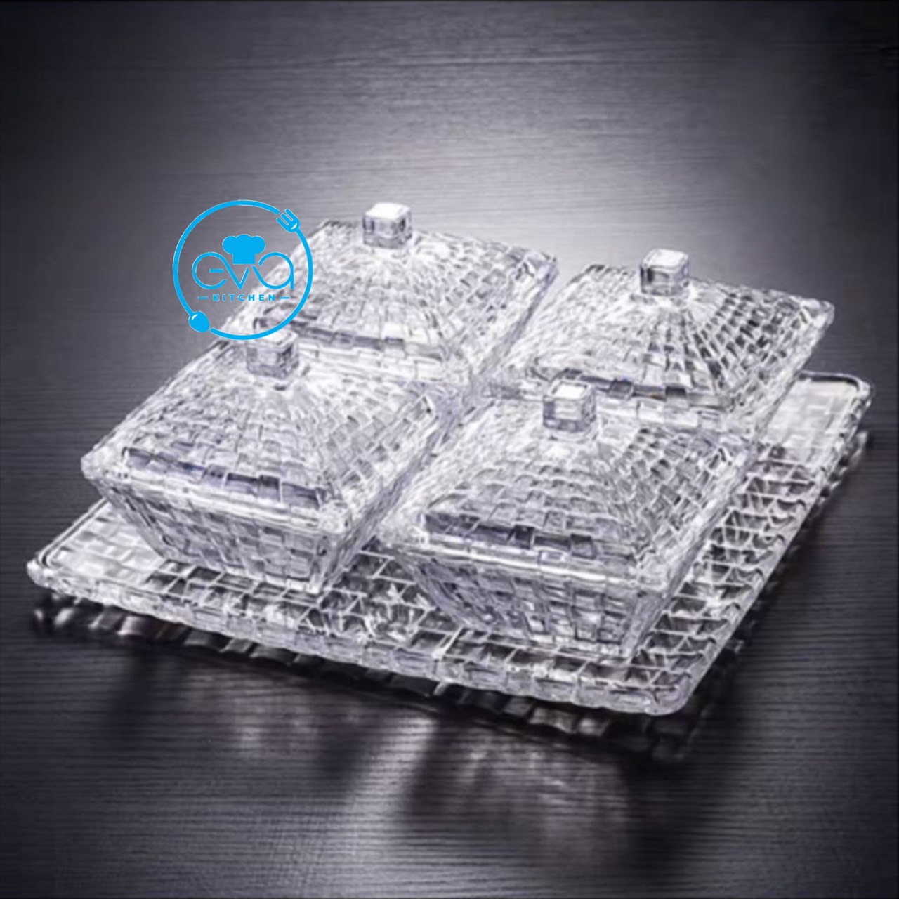 Bộ 4 thố mứt thuỷ tinh pha lê delisoga vuông hoạ tiết sọc caro phong cách royal sang trọng / set 4 thố mứt tết thố caro tg1035-4.5 m362