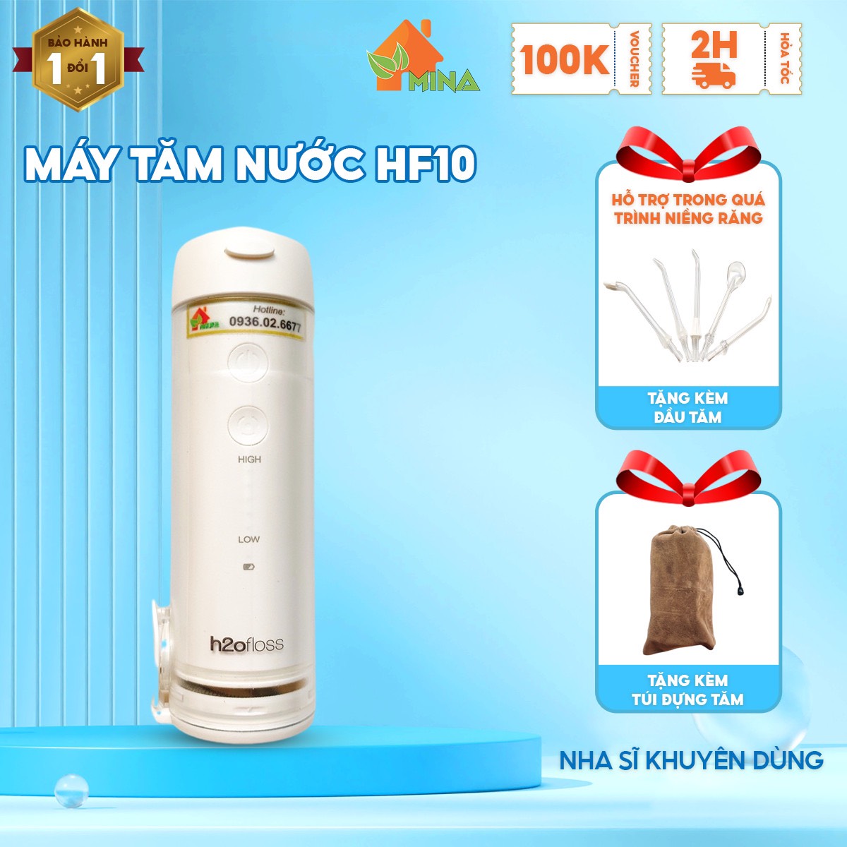 H2ofloss Máy Tăm Nước. Tăm Nước.Tăm Nước Du Lịch. Model: HF10. Bảo Hành Đổi Mới 12 Tháng. 5 Chế Độ. Tặng 5 Đầu Tăm. Bình 200ml. Máy Công Suất 21W Pin 2500 mAh Dùng 30 Ngày.