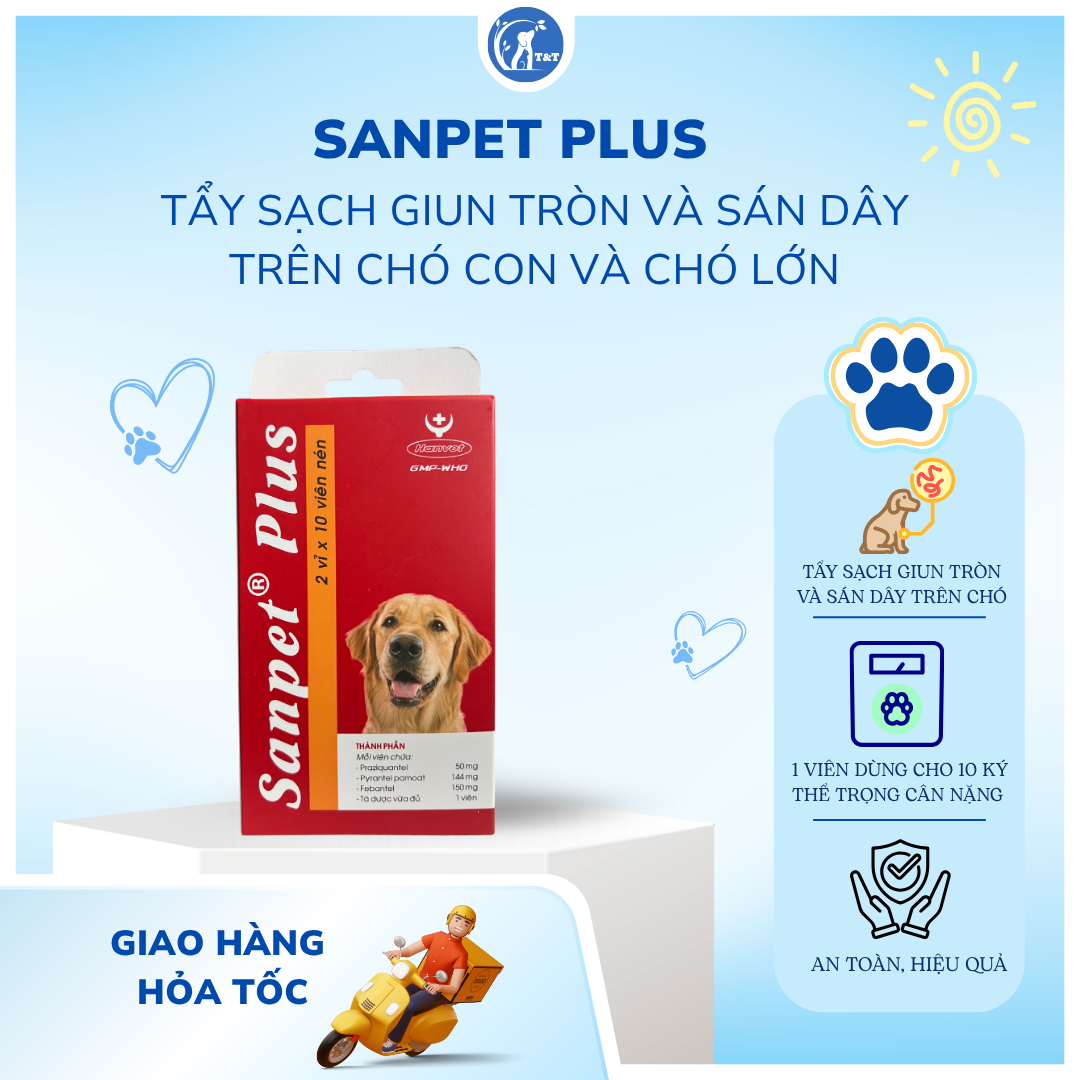  1 viên nhai Sanpet Plus xổ giun tròn và sán dây ở chó 