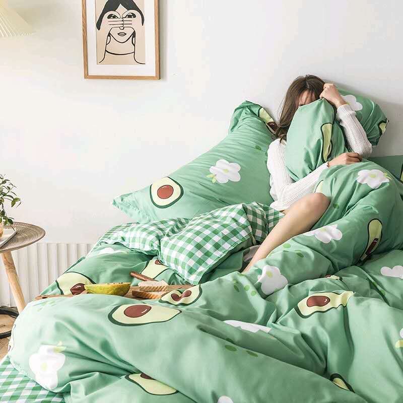 Bộ chăn ga gối  cotton poly nhập theo phong cách hàn quốc , hình trái bơ  xanh mẫu mới nhất 2020