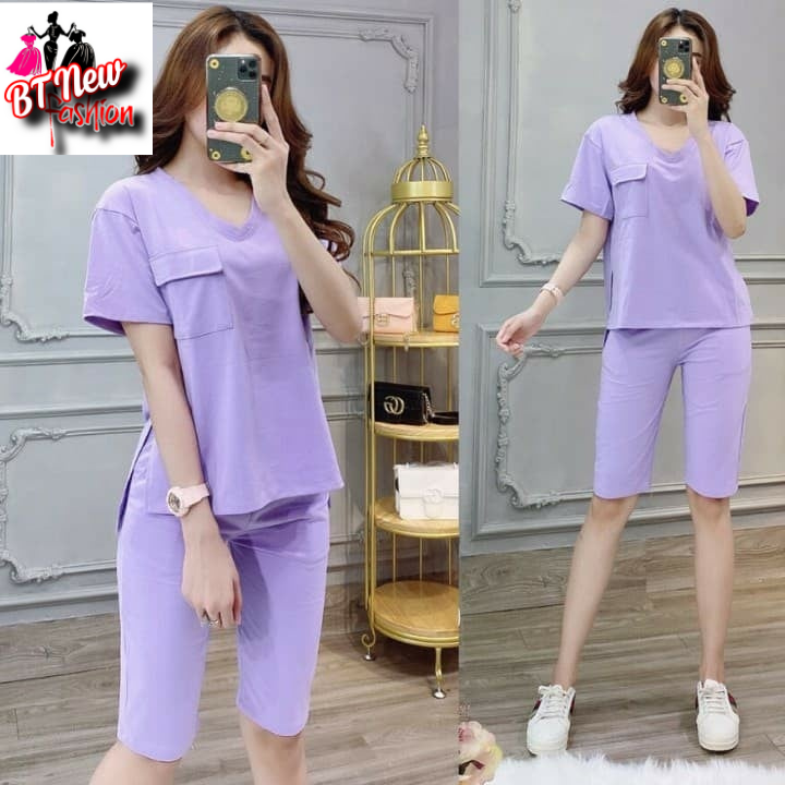 Bộ Mặc Nhà Nữ Thun Cotton Cao Cấp Quần Lửng Áo Cổ Tim Xẻ Tà Siêu Thời Trang